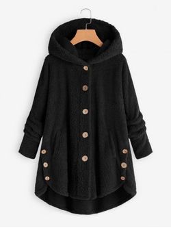 Plus Size Hooded High Low Fluffy Faux Fur Coat - BLACK - 2XL