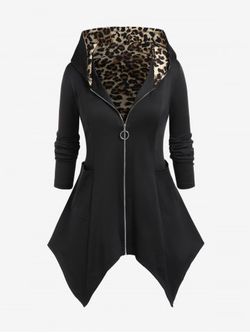 Plus Size Hooded Leopard Print Pockets Handkerchief Coat - BLACK - M | US 10