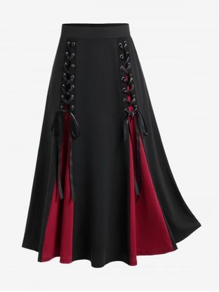 Gothic Lace Up Two Tone Godet Hem Midi A Line Skirt
