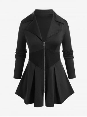 Plus Size Ribbed Panel Zipper Fly Turn Down Collar Jacket