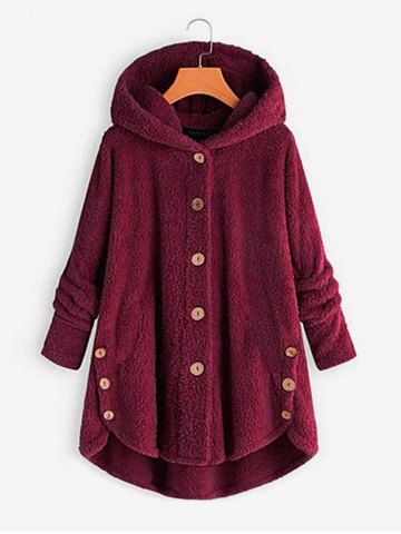 Plus Size Hooded High Low Fluffy Faux Fur Coat - DEEP RED - XL