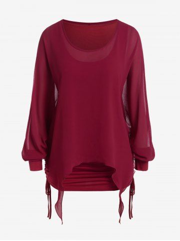 Plus Size Sheer Chiffon Asymmetric Blouse and Cinched Tank Top - DEEP RED - 4X | US 26-28