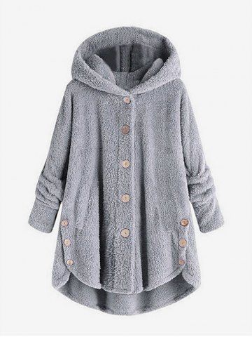 Plus Size Hooded High Low Fluffy Faux Fur Coat - LIGHT GRAY - L