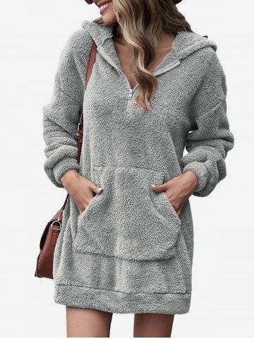 Plus Size Half Zipper Kangaroo Pocket Faux Fur Mini Hoodie Dress - GRAY - XL