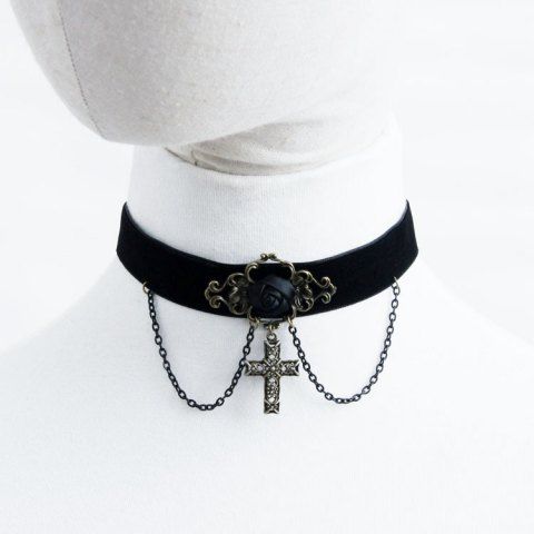 Gothic Rose Cross Pendant Choker Necklace - BLACK