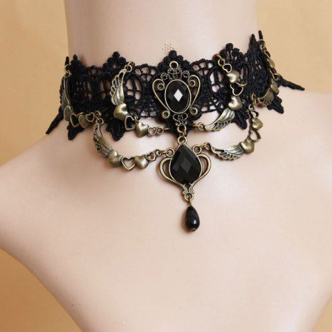 Gothic Punk Rhinestone Heart Wings Lace Choker Necklace - BLACK