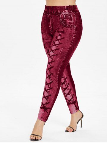 Plus Size High Waisted 3D Denim Printed Leggings