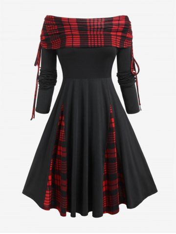 Plus Size Skew Neck Plaid Cinched Ruched Godet Fit and Flare Dress