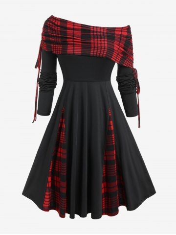 Plus Size Skew Neck Plaid Cinched Ruched Godet Fit and Flare Dress - RED - 1X | US 14-16