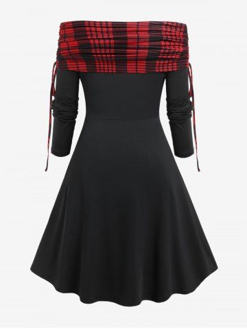 Plus Size Skew Neck Plaid Cinched Ruched Godet Fit and Flare Dress