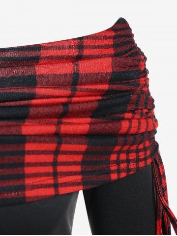 Plus Size Skew Neck Plaid Cinched Ruched Godet Fit and Flare Dress