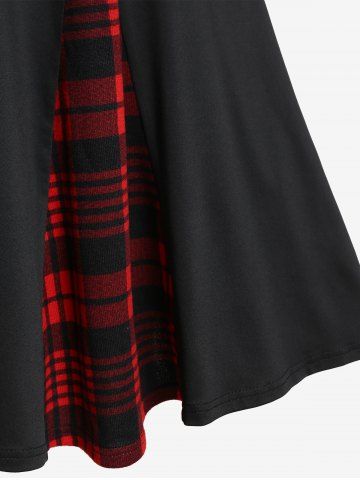 Plus Size Skew Neck Plaid Cinched Ruched Godet Fit and Flare Dress