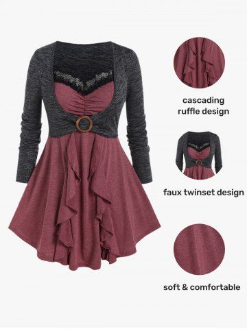 Plus Size Flounce Lace Trim Colorblock Twofer Tee