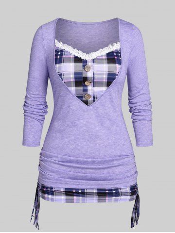 Plus Size Lace Trim Cinched Plaid Buttons 2 in 1 T-shirt - PURPLE - 3X | US 22-24