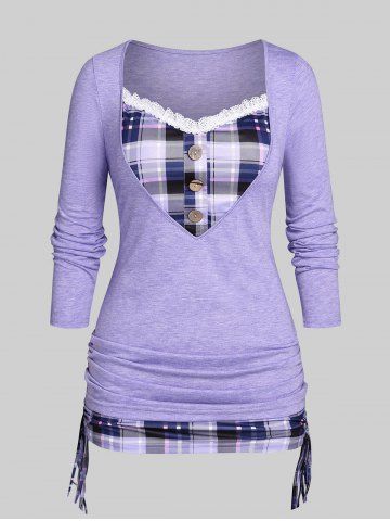 Plus Size Lace Trim Cinched Plaid Buttons 2 in 1 T-shirt - PURPLE - 2X | US 18-20