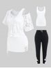 Sheer Lace Blouse with Racerback Lacing Top Set and Guipure Skinny Jeans Plus Size Outfit -  
