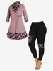 2 In 1 Plaid Shirt Collar Sweater and 3D Ripped Plaid Printed Leggings Plus Size Outerwear Outfit -  