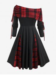 Plus Size Skew Neck Plaid Cinched Ruched Godet Fit and Flare Dress -  