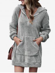 Plus Size Half Zipper Kangaroo Pocket Faux Fur Mini Hoodie Dress -  