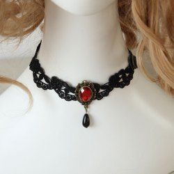 Gothic Victorian Lace Red Gem Choker Necklace -  