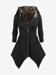 Plus Size Hooded Leopard Print Pockets Handkerchief Coat -  