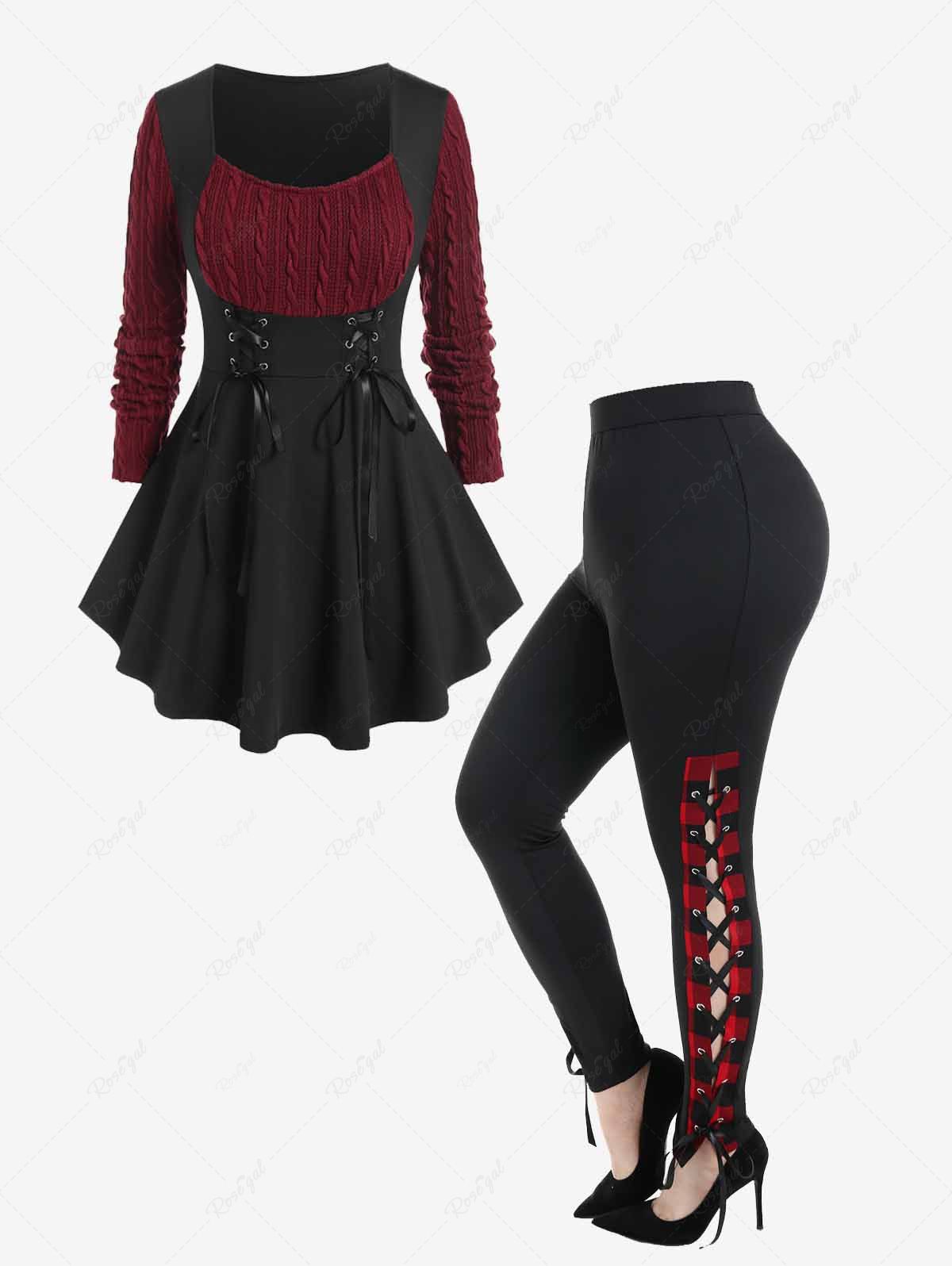 Fancy Mixed Media Cable Knit Panel Lace Up Tee and High Waist Plaid Lace Up Pants Plus Size Outfit  