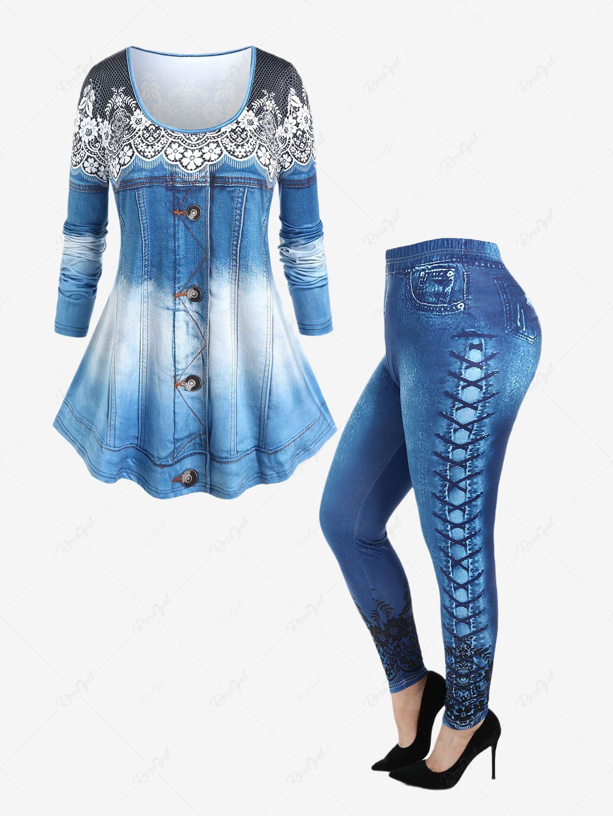 Online Long Sleeve 3D Denim Print T-shirt and Leggings Plus Size Outfit  