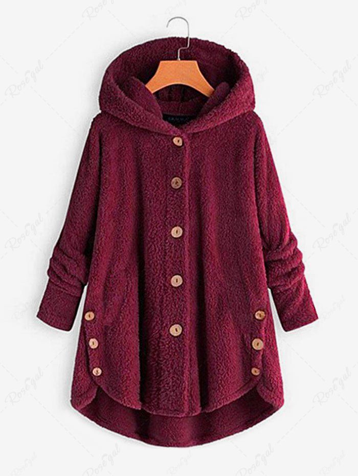 Manteau à Capuche Fourré Haut Bas de Grande Taille en Fausse Fourrure Rouge foncé XL