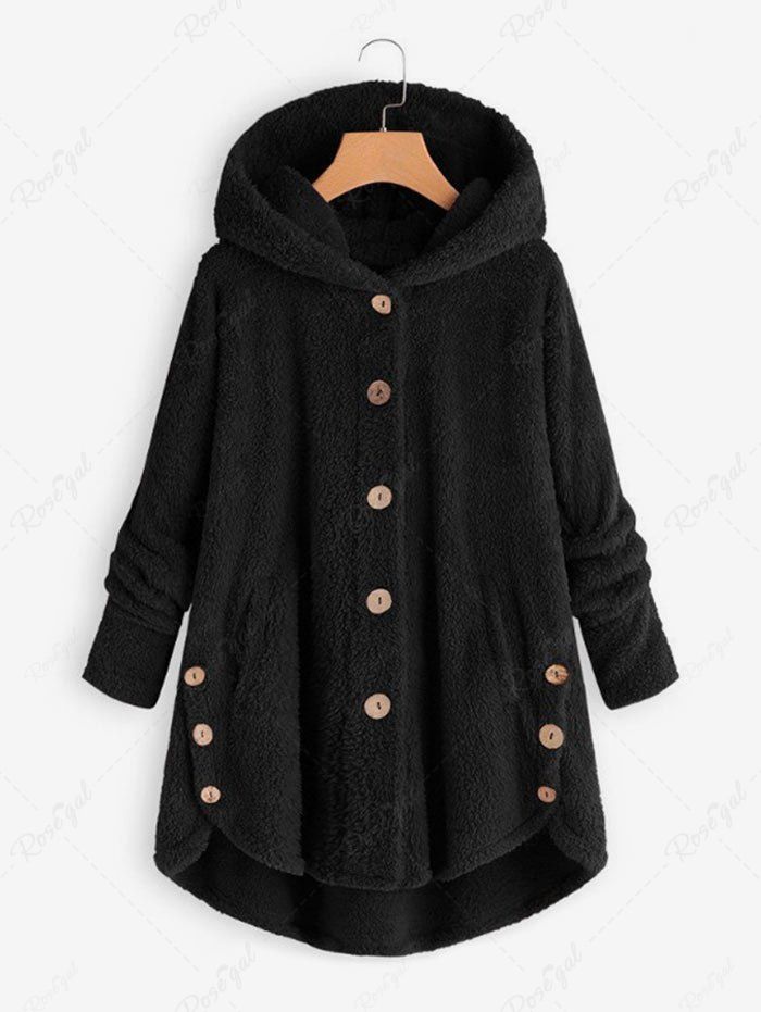 Manteau à Capuche Fourré Haut Bas de Grande Taille en Fausse Fourrure Noir 5XL