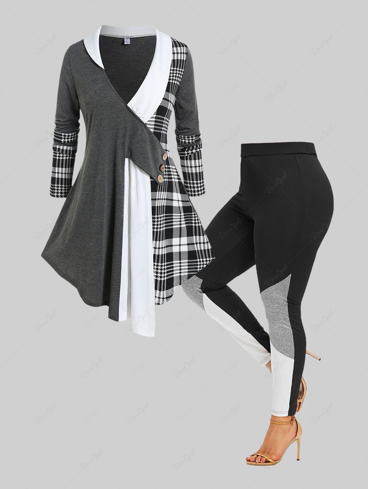 Affordable Colorblock Houndstooth Plunging Asymmetric Tee and Leggings Plus Size Outfit  