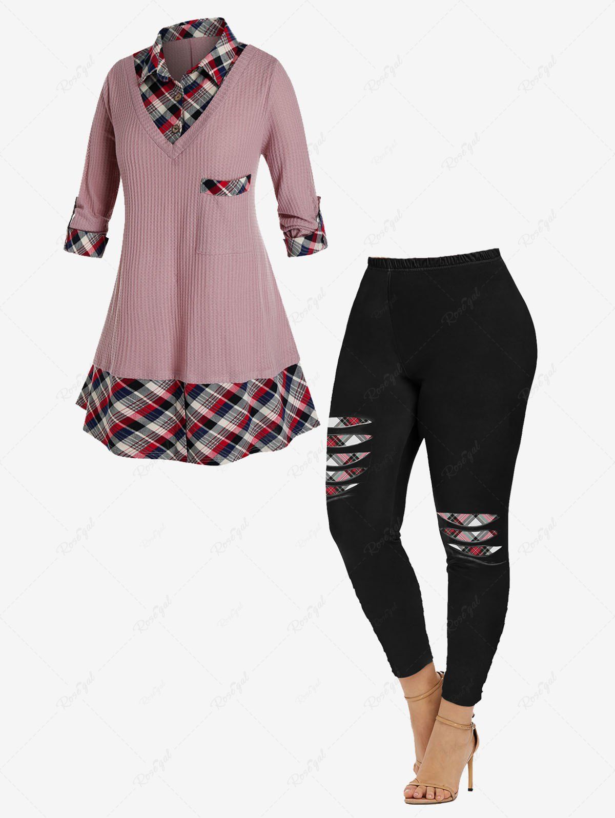 Shop 2 In 1 Plaid Shirt Collar Sweater and 3D Ripped Plaid Printed Leggings Plus Size Outerwear Outfit  