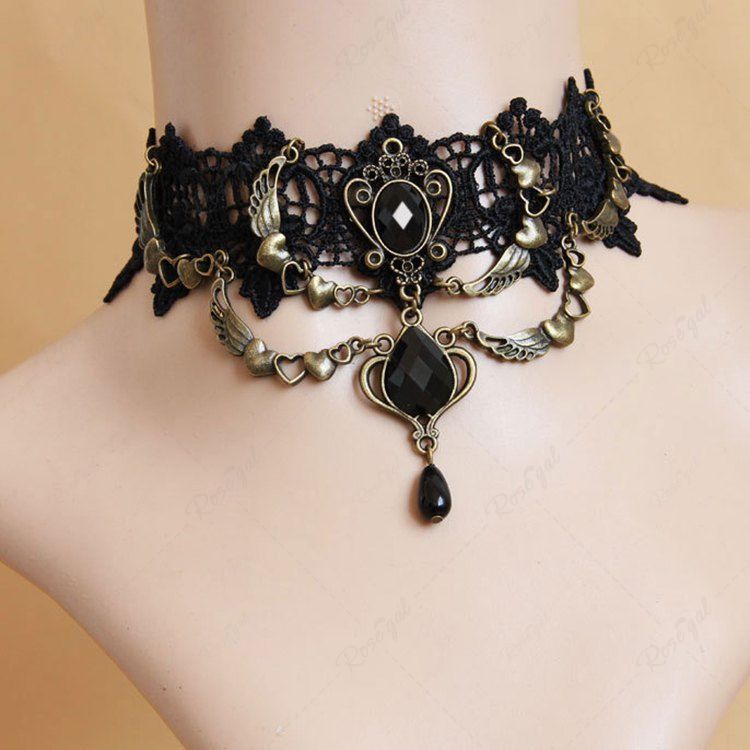 Online Gothic Punk Rhinestone Heart Wings Lace Choker Necklace  