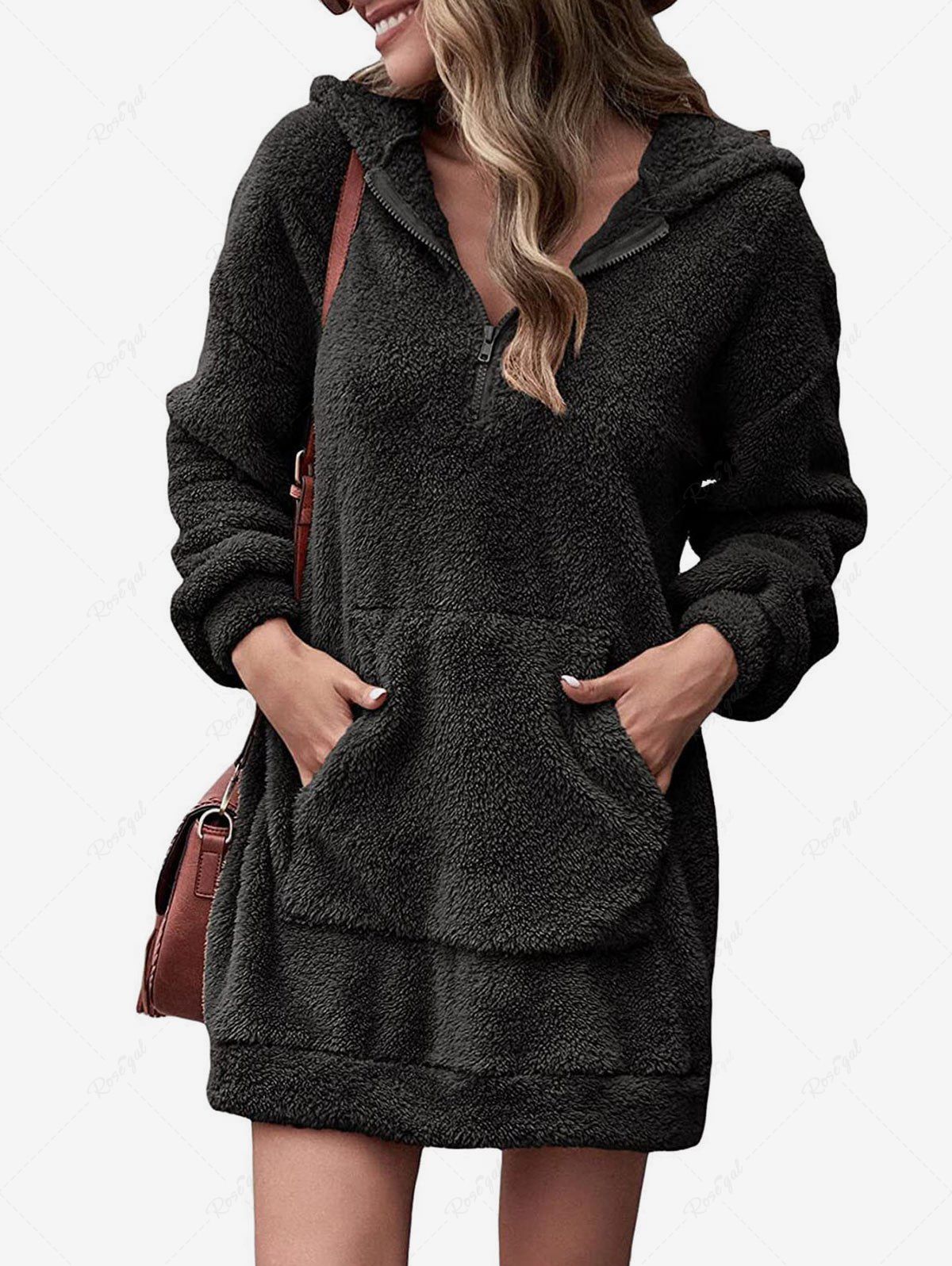 New Plus Size Half Zipper Kangaroo Pocket Faux Fur Mini Hoodie Dress  