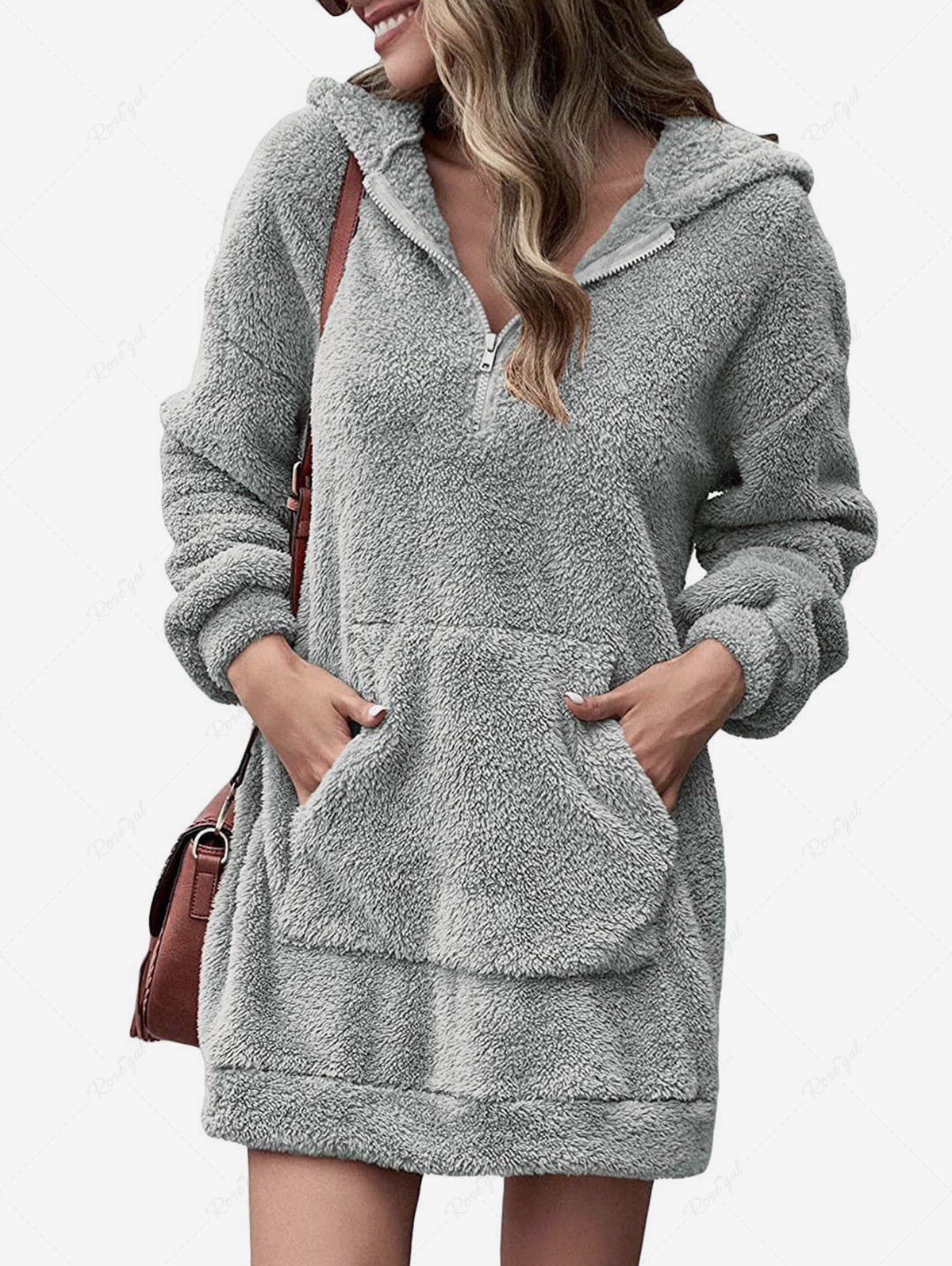 Trendy Plus Size Half Zipper Kangaroo Pocket Faux Fur Mini Hoodie Dress  