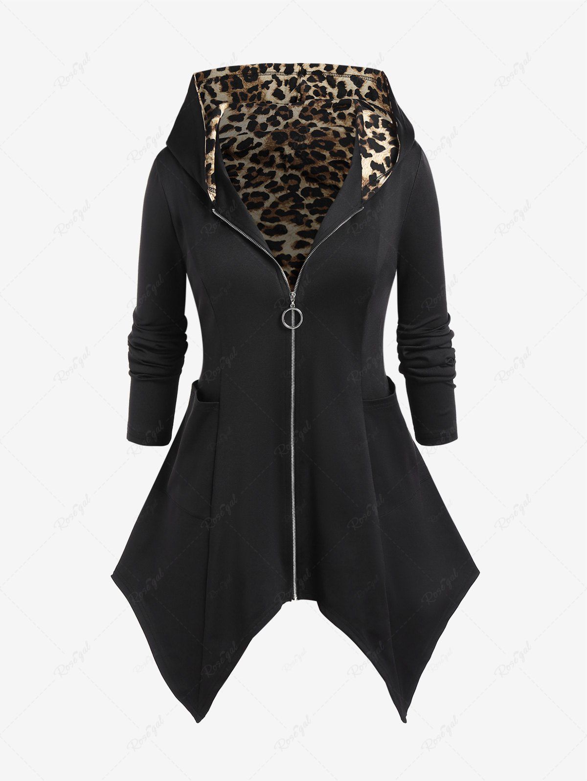 New Plus Size Hooded Leopard Print Pockets Handkerchief Coat  