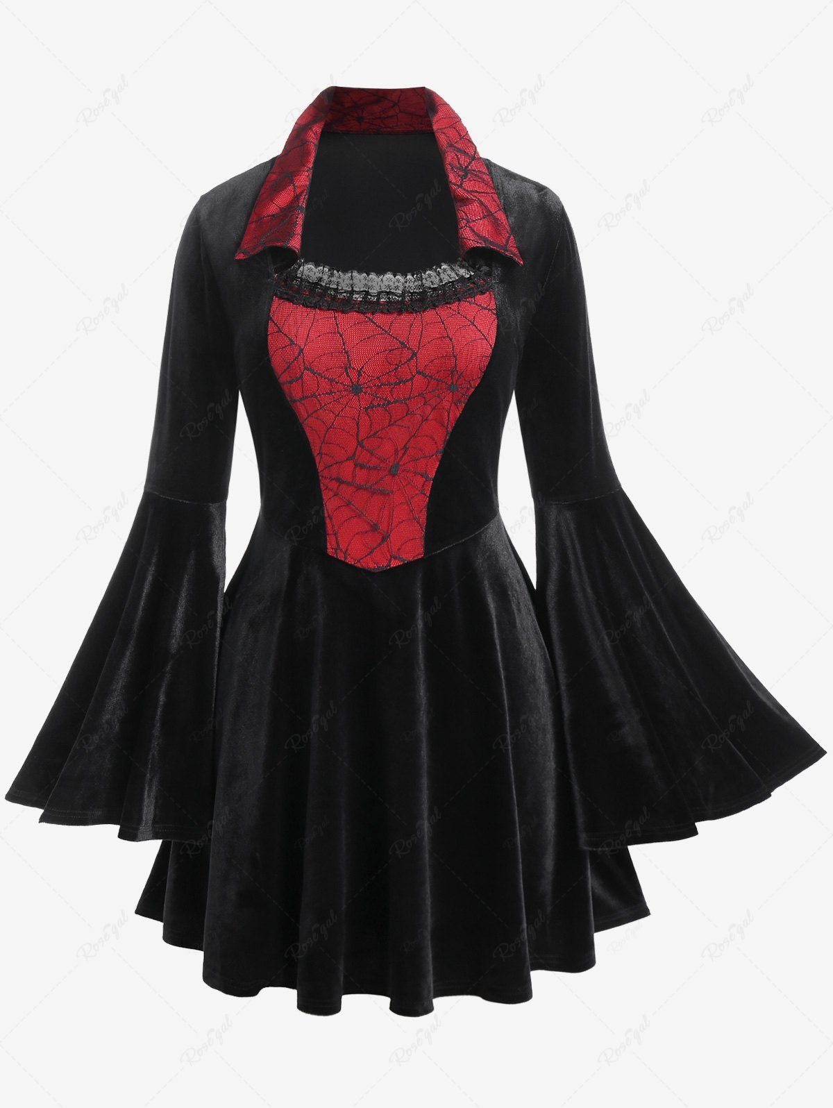 Outfit Halloween Costume Lace Trim Spider Web Contrast Flare Sleeves Velvet Mini Dress  