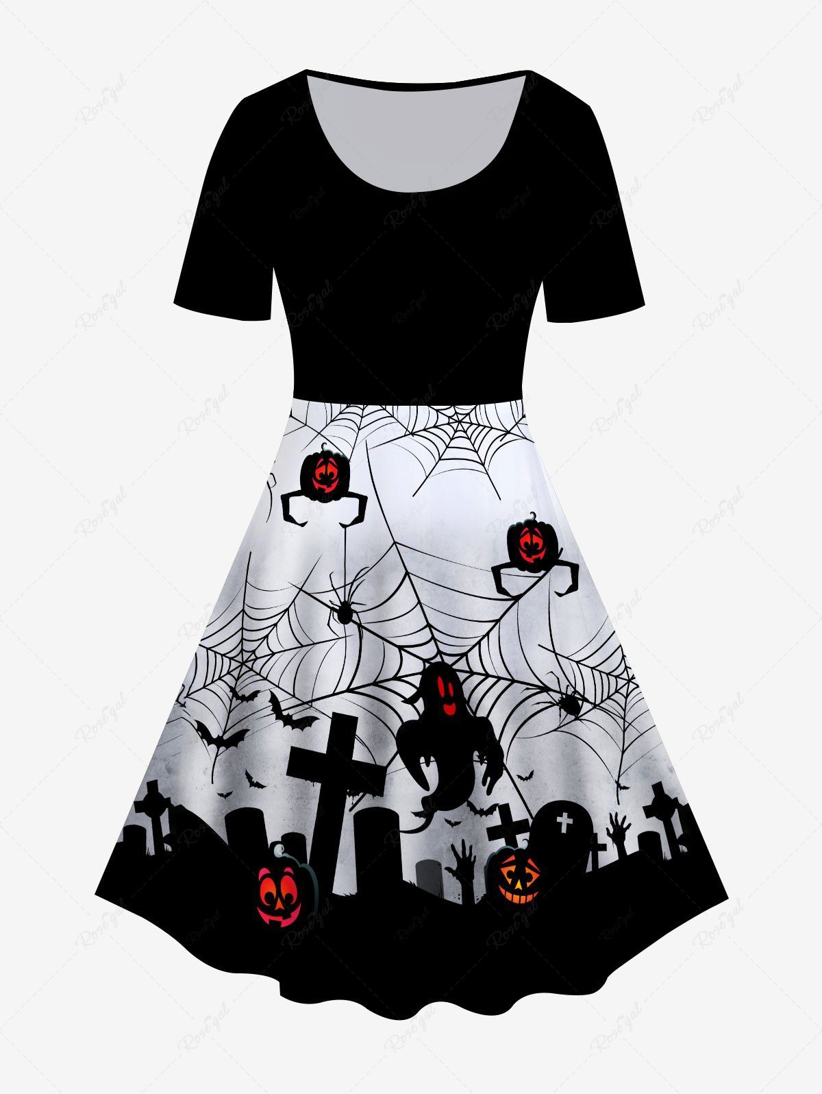 Fashion Halloween Spider Web Pumpkins Ghost Printed Vintage A Line Dress  