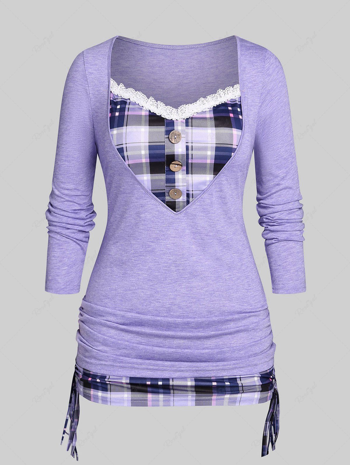 New Plus Size Plaid Cinched 2 in 1 T-shirt  