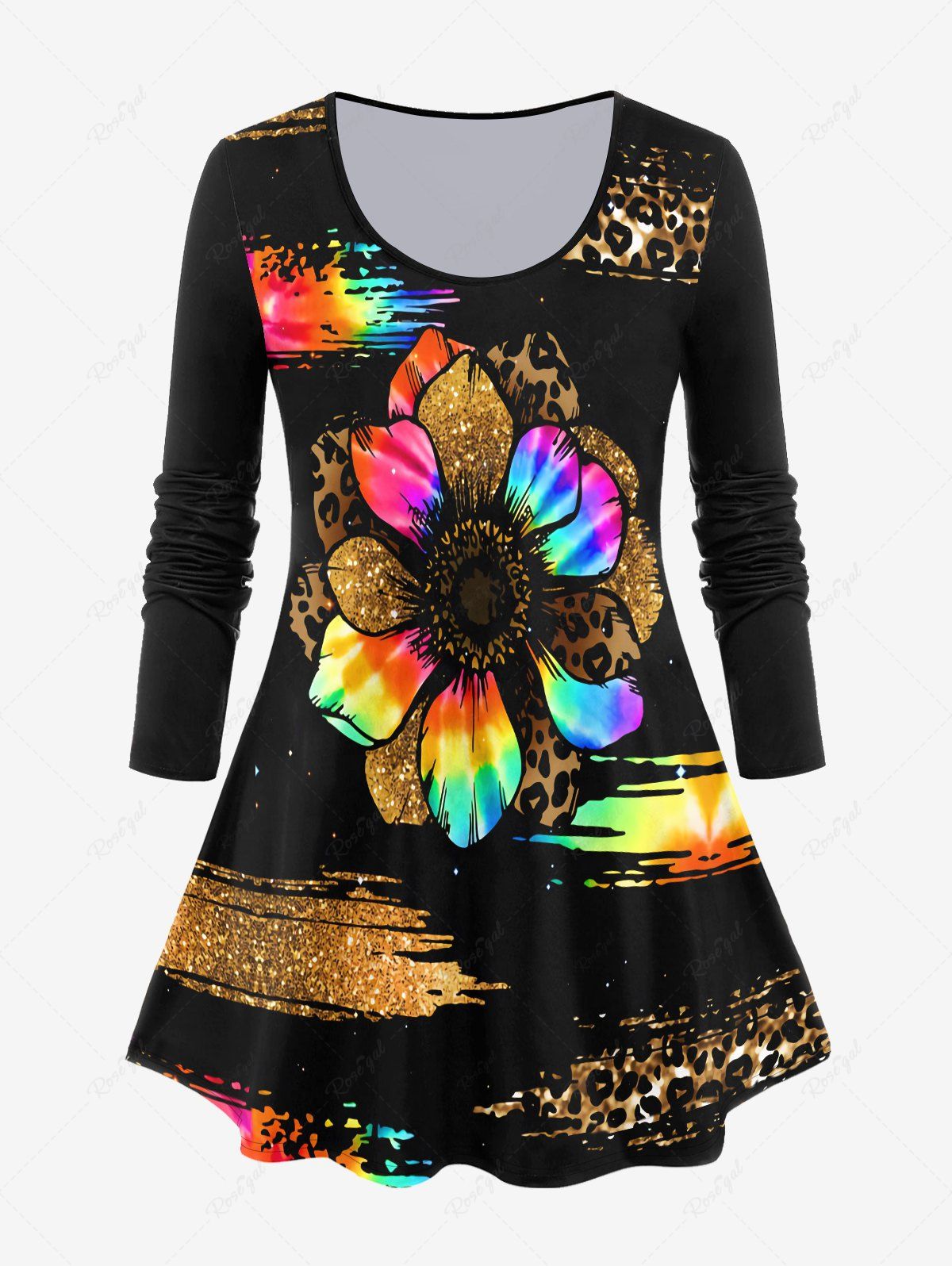New Plus Size 3D Sparkles Sunflower Printed Long Sleeves Tee  
