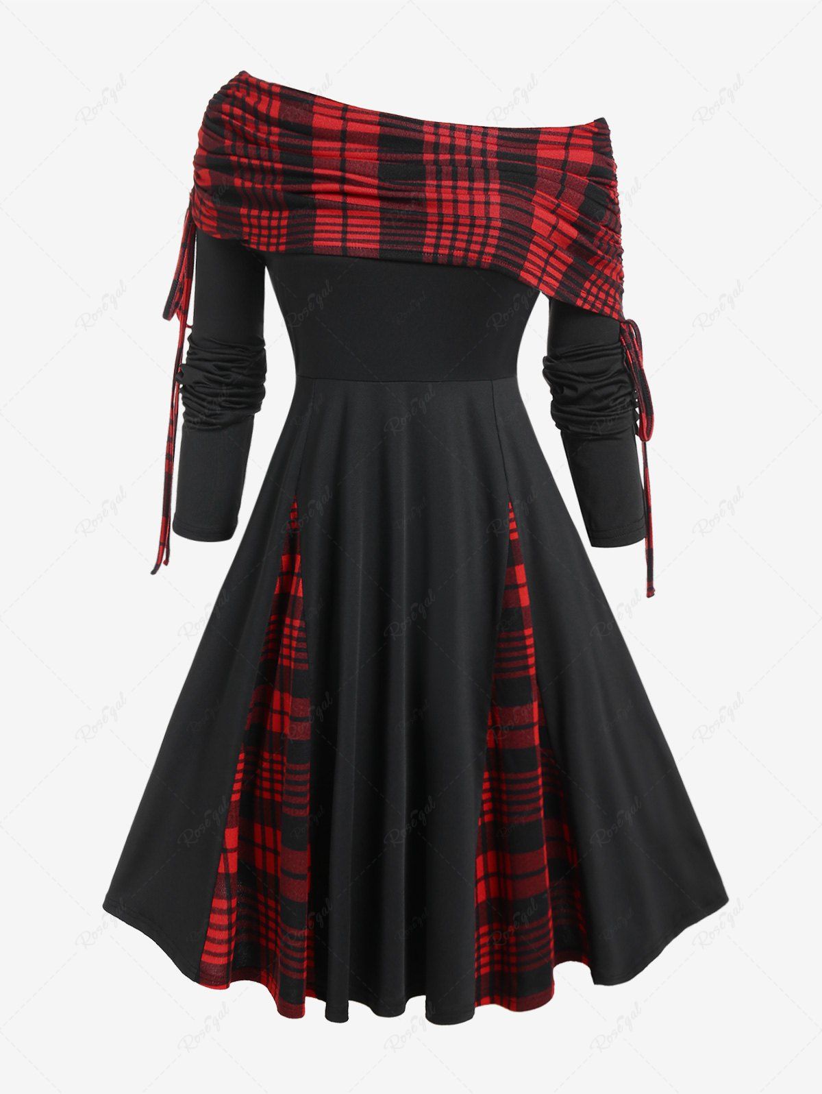Discount Plus Size Skew Neck Plaid Cinched Ruched Godet Fit and Flare Dress  
