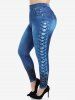Long Sleeve 3D Denim Print T-shirt and Leggings Plus Size Outfit -  