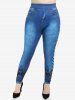 Long Sleeve 3D Denim Print T-shirt and Leggings Plus Size Outfit -  
