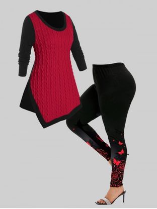 Bicolor Cable Knit Uneven Hem Tunic Sweater and Butterfly Rose Printed Leggings Plus Size Outerwear Outfit