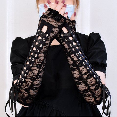 Gothic Long Lace Lace-up Half Finger Gloves - BLACK