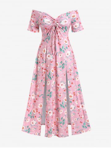 Plus Size Flower Print Cinched Slit Maxi Cottagecore Dress