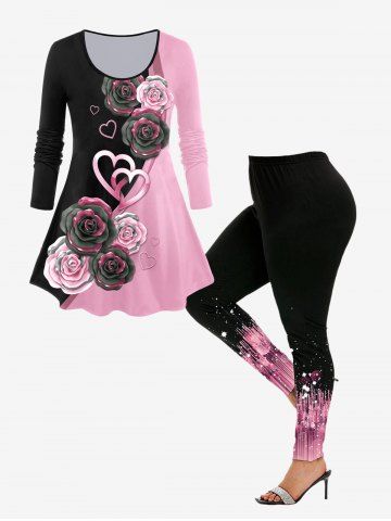 Rose Heart 3D Print Colorblock T-shirt and 3D Sparkles Stripes Printed Leggings Plus Size Outfit - LIGHT PINK