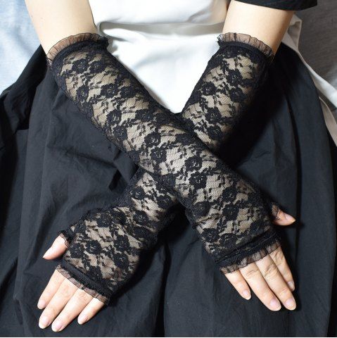 Gothic Half Finger Rose Lace Long Gloves - BLACK