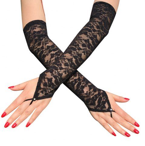 Fingerless Lace Party Gloves Bridal Long Black Gloves - BLACK