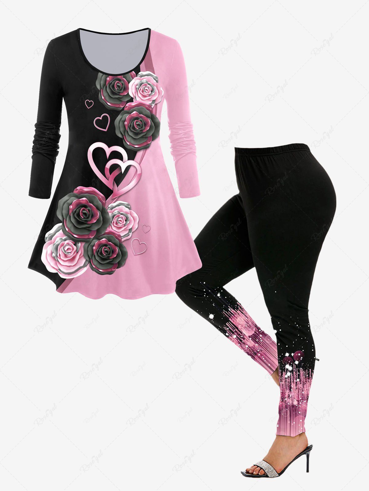 Sale Rose Heart 3D Print Colorblock T-shirt and 3D Sparkles Stripes Printed Leggings Plus Size Outfit  