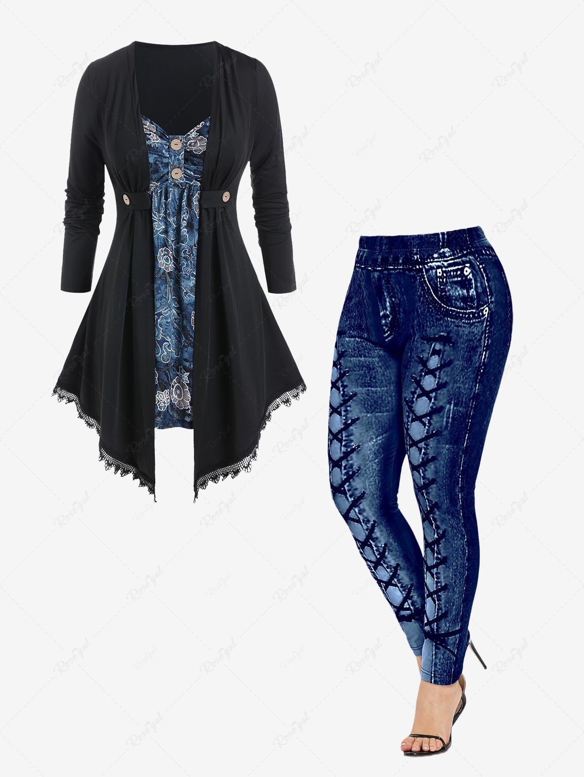 Online Floral Print Asymmetric Tee and High Waisted 3D Printed Leggings Plus Size Outfit  